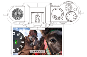 outline icon image of Fujifilm X-T50 with screen showing Horse and rider