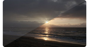 split comparison image of sunset over the ocean in F-log and graded colours