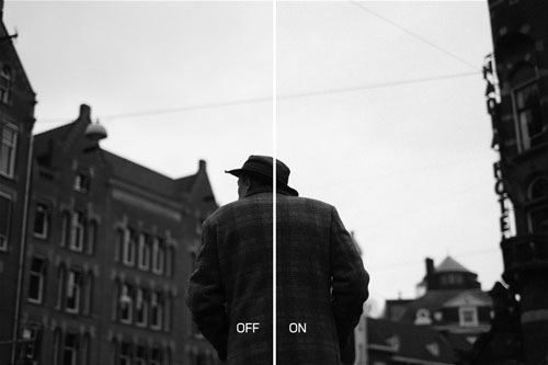 Split comparison black and white photograph of man facing away from camera standing in victorian style street with full cloud cover