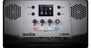 close up of Godox LD150R Rear controls and screen