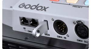 close up of Godox LD150R USB port with Firmware USB stick inserted