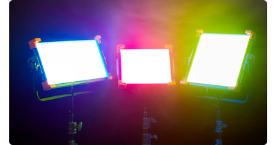 Godox LD series light panels illuminating a room with RGB light