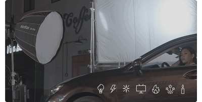 animation of film set with woman sat in car with godox lighting in front flashing light onto car
