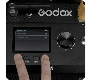 Close up image of Godox MG2400bi screen with power limiter menu