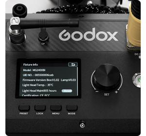 Close up image of Godox MG2400bi screen with maintenance reminder