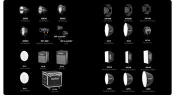 image of Godox lighting modifiers on black background