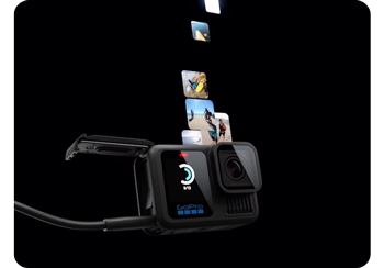 illustration of GoPro HERO13 Black action camera with video files flying out on black background