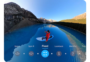 wide angle photograph of paddleboarder in clear blue lake with GoPro CameraFX options overlay