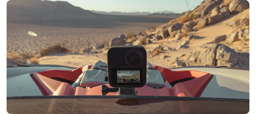 GoPro Max360 mounted on offroad buggy windshield sitting in rocky nevada desert