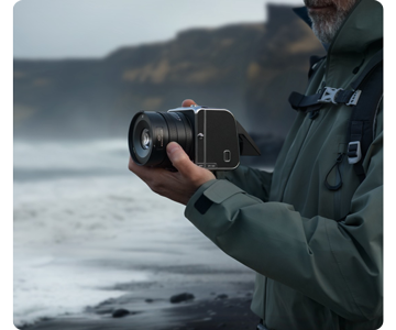 photographer holding Hasselblad 907X 100C infront of nordic coastline wearing a waterproof jacket