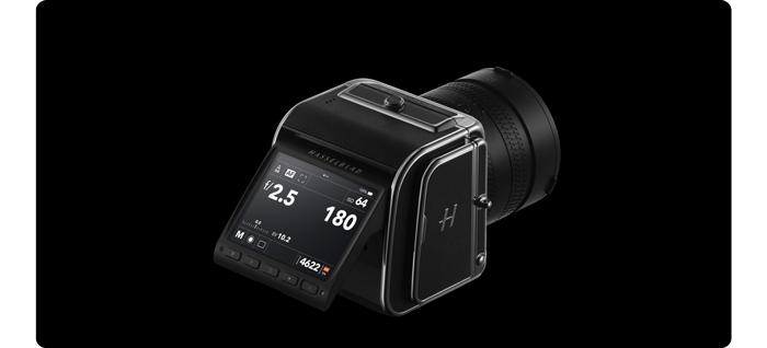 Rear angle view of Hasselblad 907X & CFV 100C Camera body on a black background