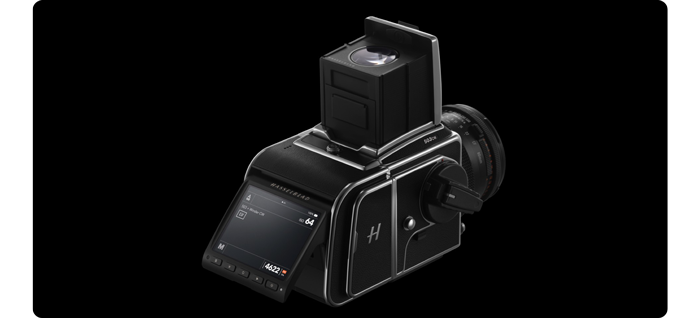 Rear angle view of Hasselblad 503CW & CFV 100C Camera on a black background