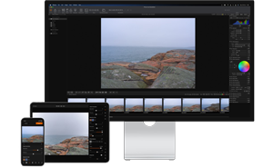 Hasselblad Phocus and Phocus Mobile 2 Photo Editing software open on apple iphone, iPad and Mac Display