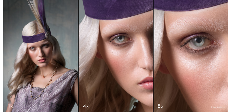 3 image comparison of 1x, 4x and 8x zoom portait image of blonde haired woman with light blue eyes that zooms in on her right eye