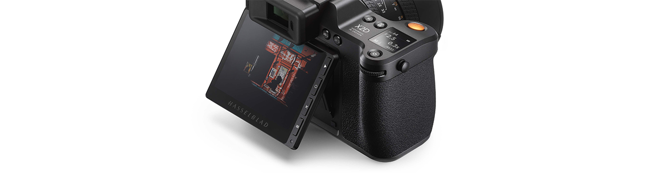 Rear 45degree angle view of hasselblad x2d with screen flipped out