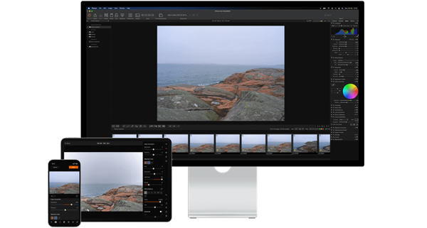 Apple Pro Display, iPad Pro and iPhone with photo development software open