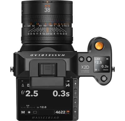 Top Down View of Hasselblad X2D 100C Medium Format Camera with XCD 38V lens with screen flipped up