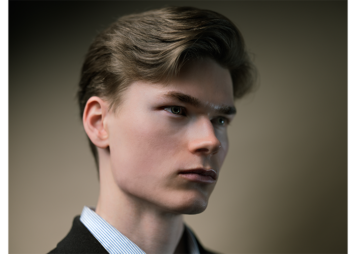 Hasselblad X2D 100C Lightweight Field Kit Close up portait of male model infront of golden brown backdrop