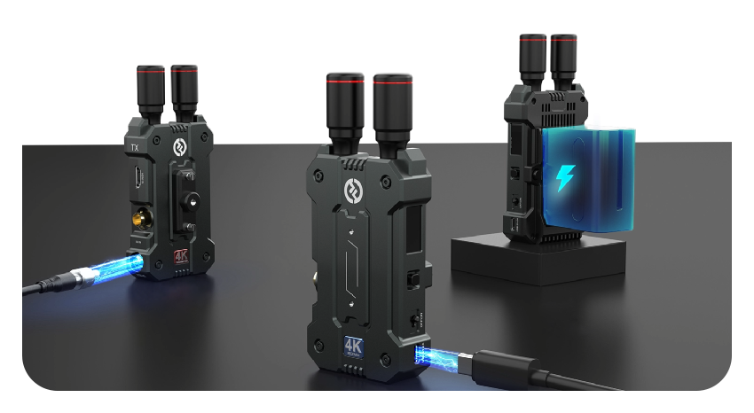 illustration showing various hollyland mars 4k power options including battery, usb and dc power