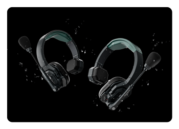 Hollyland Solidcom SE Pro headsets surrounded by water droplets