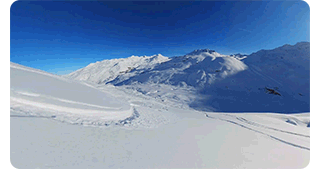 Animated 360 degree video of a snowboarder riding down a snowy mountain