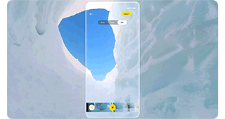 360 degree video of skiier in a ice cave with the video panning around