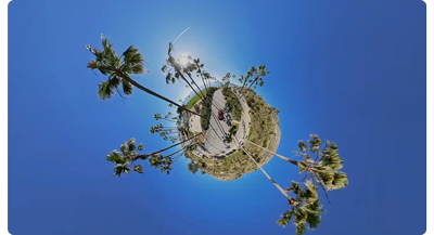 360 globe image of blue sky and palmtree sided streets