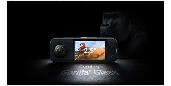 image of insta360 x4 camera lying on side with motrocross footage on screen with gorilla background image