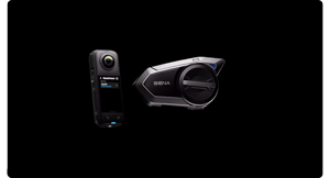Image of insta360 and motorcycle headset on black background