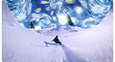 image snow boarder with sky replaced with van gogh painted sky