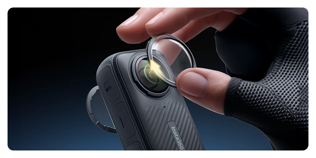insta 360 x4 premium lens guard being applied to the x4