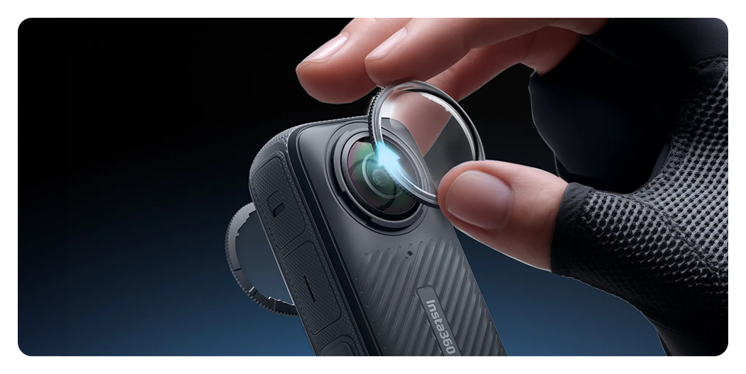 insta 360 x4 standard lens guard being applied to the camera