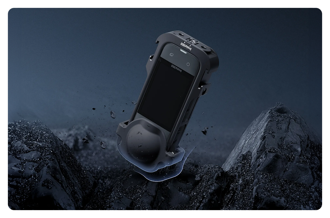 insta 360 x4 utility frame attached the camera surrounded by rocks