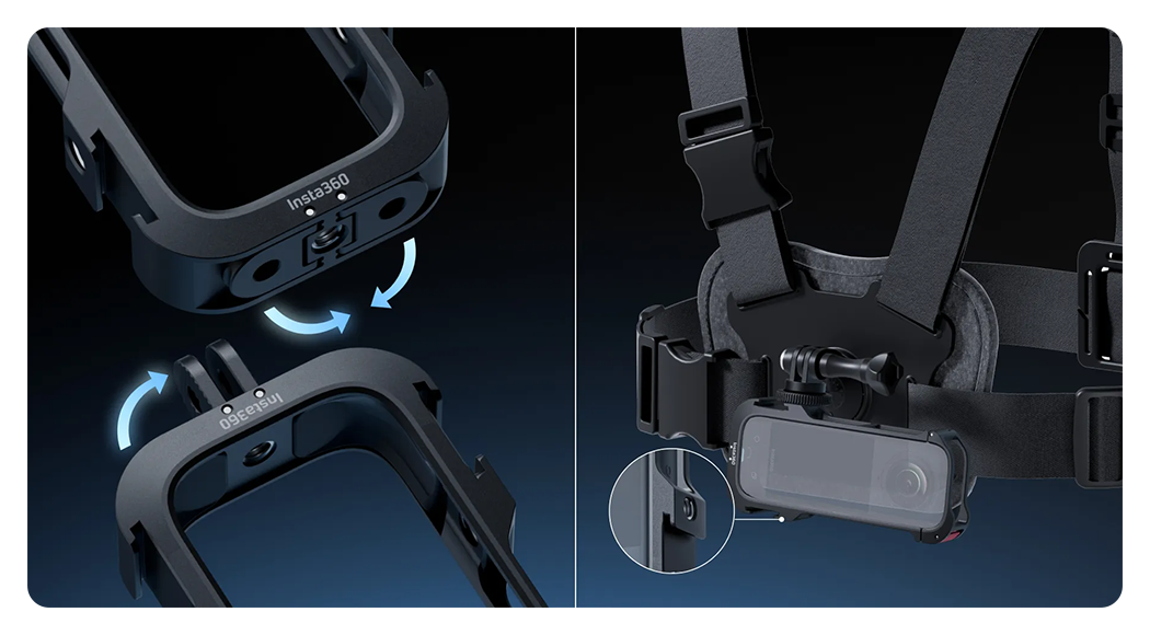 insta 360 x4 utility frame attached to a harness