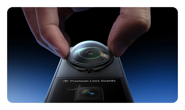 Insta360 X5 Premium Lens Guards being attached to the x5 camera