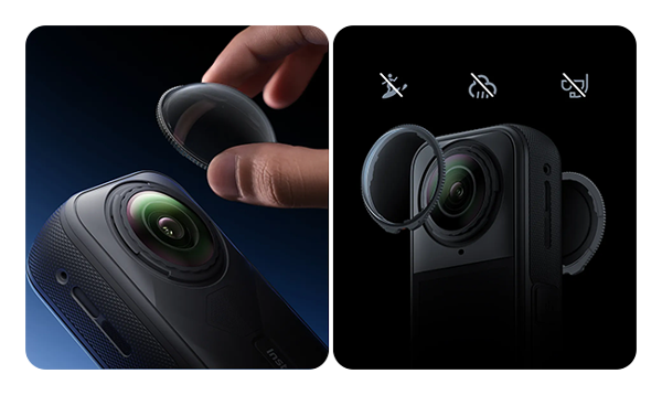 Insta360 X5 lens guard being installed on the x5 camera
