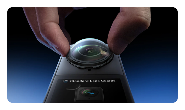 Insta360 X5 lens guard being attched to the x5 camera