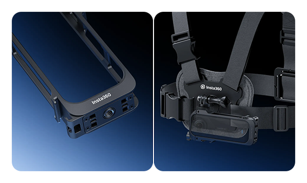 close up of the Insta360 X5 Utility Frame standalone and attached to the chest mount