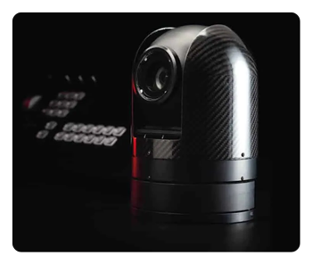 angled view of the mrmc 360 ptz camera on a black background
