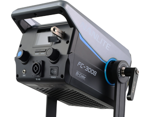Nanlite FC-300B rear view angled downwars showing USB drive in slot for USB firmware updates