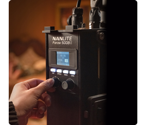 Nanlite Forza 500 control unit in use on video production set