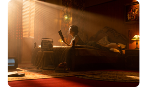 a woman lying on a bed reading a book with a large light cast through shutter blinds casting detailed shadows across the room, Nanlite Forza 300B II