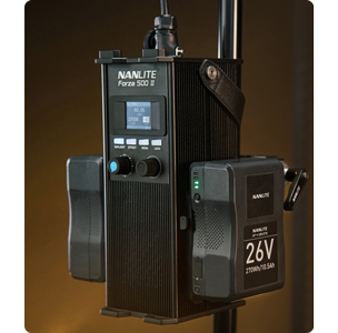 Nanlite Forza series control unit utilising two V-Mount batteries for power