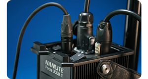Connections of a Nanlite Forza series LED Light head including DMX and RDM control as well as AC power