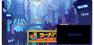 Image of platformer retro game with blacked out camera with rest tiem text