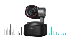 OBSBOT Tiny 2 PTZ webcam with black and green audio waveforms