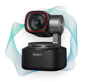 OBSBOT Tiny 2 with voice control assistant wave form surrounding the camera