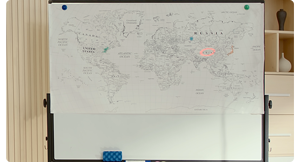 World map displayed on standing white board