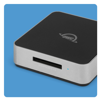 angled view of the OWC Atlas CFexpress Card Reader on a blue background