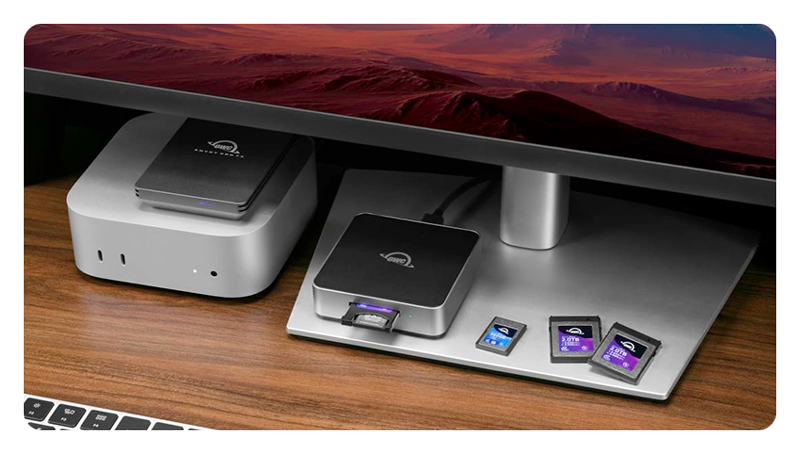OWC Atlas CFexpress Card Reader on a desk